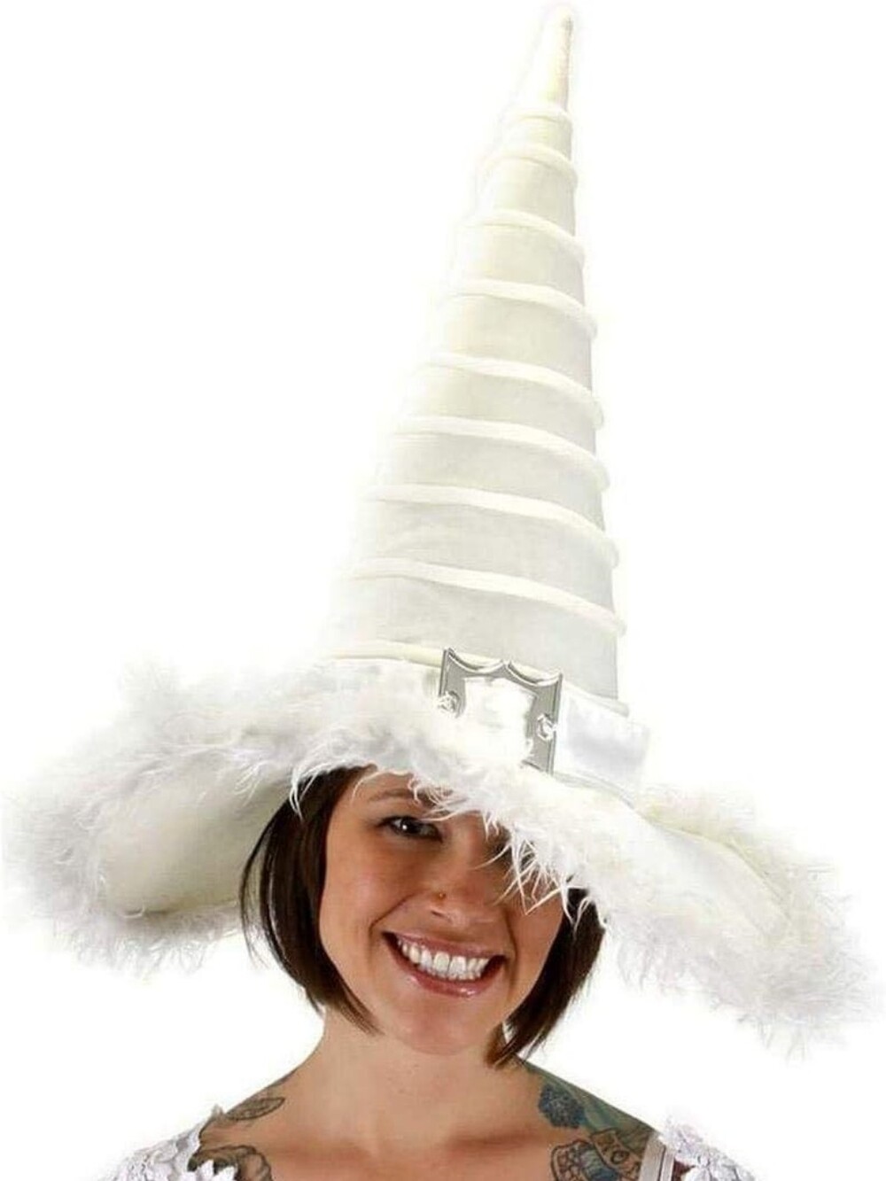 Halloween Elope Good Witch White Feather-Trim Conical Hat with Silver Buckle